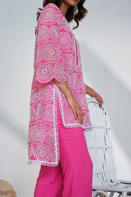 Qala Clothing Pink Cotton Embroidery Mandarin Collar Selma Shiffli High Low Tunic With Pant Online at Aza Fashions Qala Clothing_Pink Cotton Embroidery Mandarin Collar Selma Shiffli High Low Tunic With Pant _Online_at_Aza_Fashions
