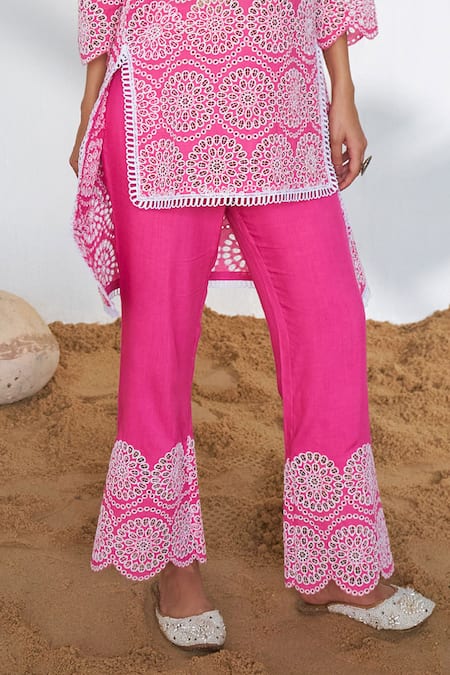 Buy Qala Clothing Pink Cotton Embroidery Mandarin Collar Selma Shiffli High Low Tunic With Pant Online at Aza Fashions Buy_Qala Clothing_Pink Cotton Embroidery Mandarin Collar Selma Shiffli High Low Tunic With Pant _Online_at_Aza_Fashions