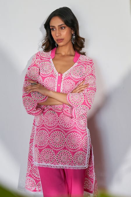 Shop Qala Clothing Pink Cotton Embroidery Mandarin Collar Selma Shiffli High Low Tunic With Pant Online at Aza Fashions Shop_Qala Clothing_Pink Cotton Embroidery Mandarin Collar Selma Shiffli High Low Tunic With Pant _Online_at_Aza_Fashions