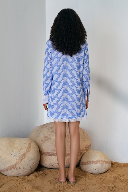 Shop Qala Clothing Blue Cotton Beads Collared Elif Blossom Schiffli Shirt Dress at Aza Fashions Shop_Qala Clothing_Blue Cotton Beads Collared Elif Blossom Schiffli Shirt Dress _at_Aza_Fashions