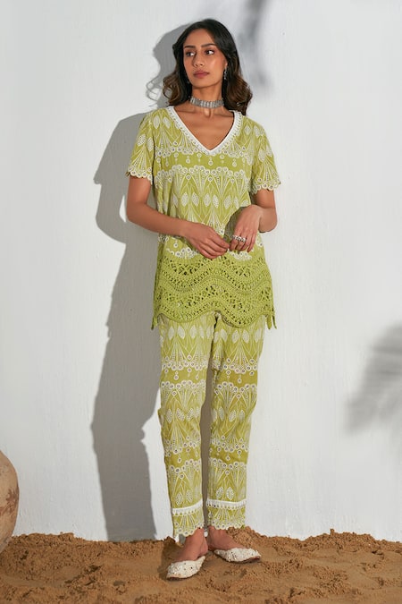 Qala Clothing Green Cotton Embroidery V-neck Amira Shiffli Top With Pant 