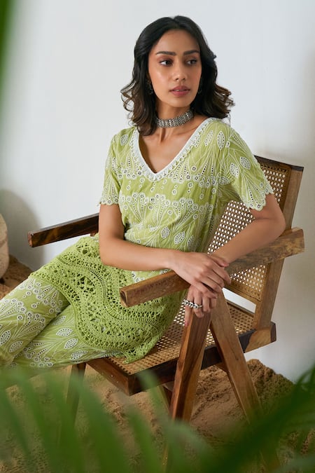 Shop Qala Clothing Green Cotton Embroidery V-neck Amira Shiffli Top With Pant at Aza Fashions Shop_Qala Clothing_Green Cotton Embroidery V-neck Amira Shiffli Top With Pant _at_Aza_Fashions
