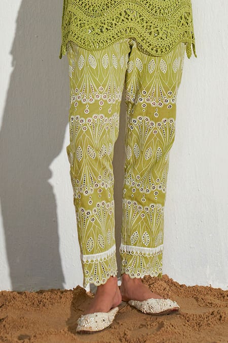 Qala Clothing Green Cotton Embroidery V-neck Amira Shiffli Top With Pant Online at Aza Fashions Qala Clothing_Green Cotton Embroidery V-neck Amira Shiffli Top With Pant _Online_at_Aza_Fashions