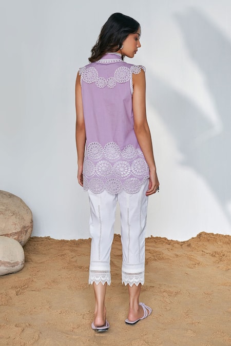 Shop Qala Clothing Purple Cotton Embroidery Bandeau Neck Zeba Circular Schiffli Top With Pant at Aza Fashions Shop_Qala Clothing_Purple Cotton Embroidery Bandeau Neck Zeba Circular Schiffli Top With Pant _at_Aza_Fashions