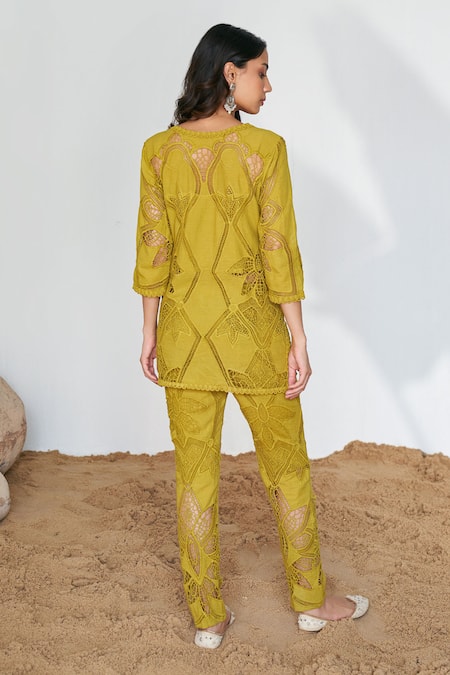 Shop Qala Clothing Yellow Cotton Embroidery Round Neck Ava Jaal Schiffli Top With Pant at Aza Fashions Shop_Qala Clothing_Yellow Cotton Embroidery Round Neck Ava Jaal Schiffli Top With Pant _at_Aza_Fashions