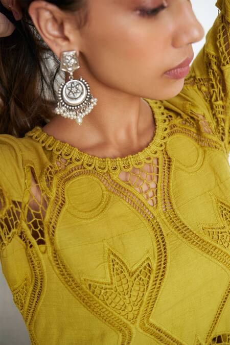 Qala Clothing Yellow Cotton Embroidery Round Neck Ava Jaal Schiffli Top With Pant Online at Aza Fashions Qala Clothing_Yellow Cotton Embroidery Round Neck Ava Jaal Schiffli Top With Pant _Online_at_Aza_Fashions