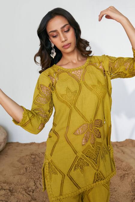 Buy Qala Clothing Yellow Cotton Embroidery Round Neck Ava Jaal Schiffli Top With Pant Online at Aza Fashions Buy_Qala Clothing_Yellow Cotton Embroidery Round Neck Ava Jaal Schiffli Top With Pant _Online_at_Aza_Fashions