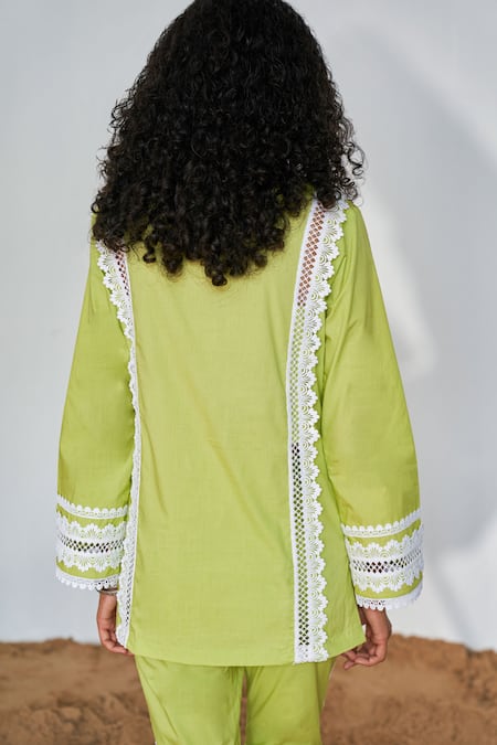 Shop Qala Clothing Green Cotton Lace V-neck Pattern Top And Pant Set at Aza Fashions Shop_Qala Clothing_Green Cotton Lace V-neck Pattern Top And Pant Set _at_Aza_Fashions