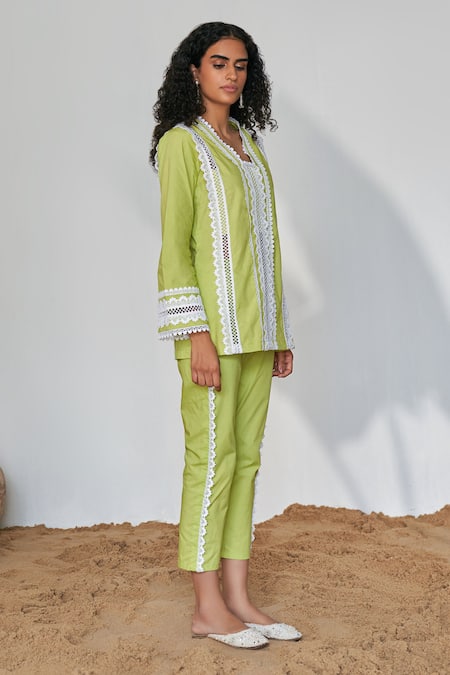 Qala Clothing Green Cotton Lace V-neck Pattern Top And Pant Set Online at Aza Fashions Qala Clothing_Green Cotton Lace V-neck Pattern Top And Pant Set _Online_at_Aza_Fashions