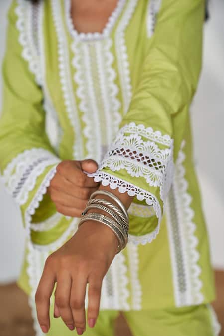 Buy Qala Clothing Green Cotton Lace V-neck Pattern Top And Pant Set Online at Aza Fashions Buy_Qala Clothing_Green Cotton Lace V-neck Pattern Top And Pant Set _Online_at_Aza_Fashions