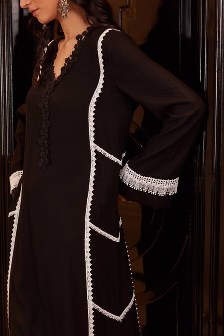 Buy Qala Clothing Black Rayon Lace V-neck Akira Rosa Embellished Kurta And Pant Set Online at Aza Fashions Buy_Qala Clothing_Black Rayon Lace V-neck Akira Rosa Embellished Kurta And Pant Set _Online_at_Aza_Fashions