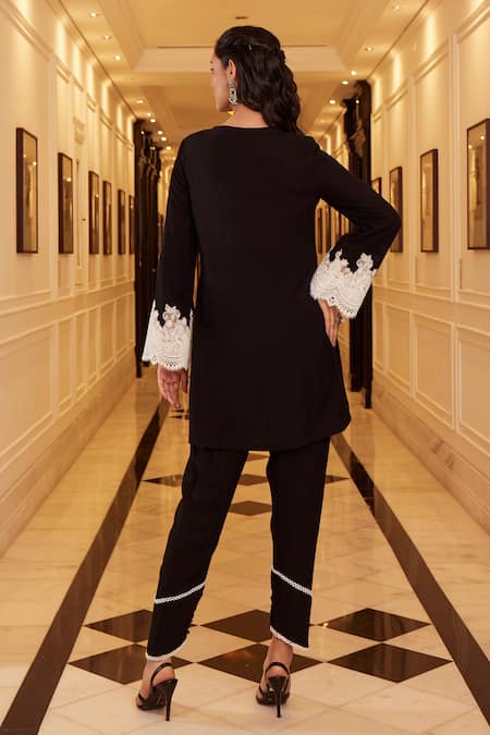 Shop Qala Clothing Black Rayon Lace Plunge Neck Amara Rosa Embellished Kurta And Salwar Set at Aza Fashions Shop_Qala Clothing_Black Rayon Lace Plunge Neck Amara Rosa Embellished Kurta And Salwar Set _at_Aza_Fashions