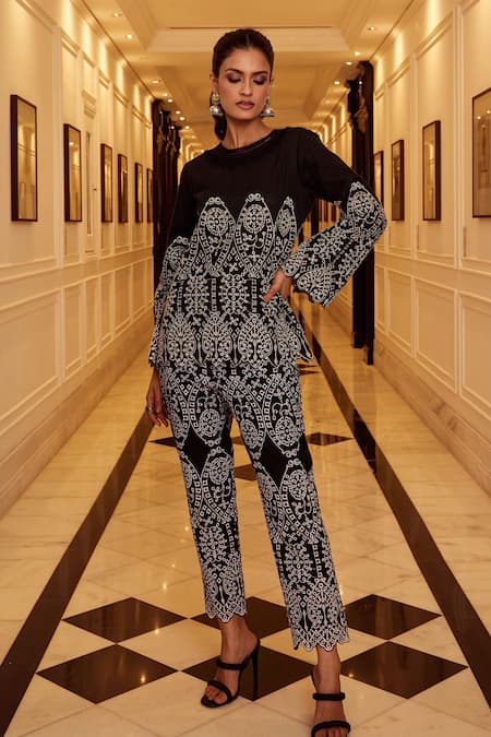 Qala Clothing Black Cotton Embroidery Round Neck Zenia Rosa Schiffli Top And Pant Set Online at Aza Fashions Qala Clothing_Black Cotton Embroidery Round Neck Zenia Rosa Schiffli Top And Pant Set _Online_at_Aza_Fashions