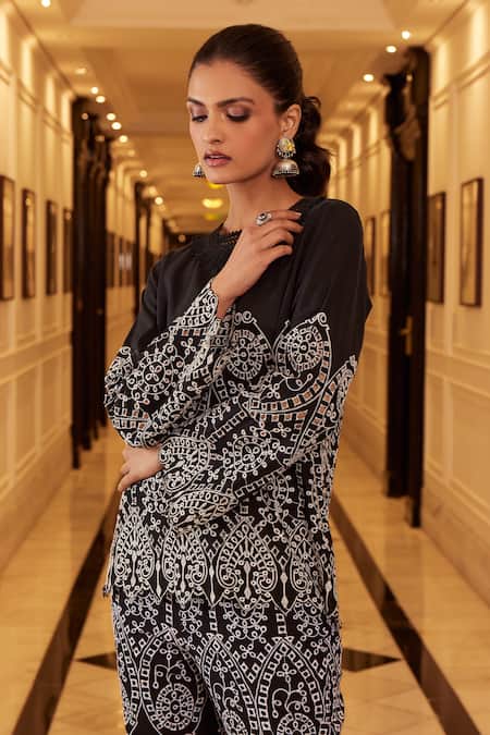Shop Qala Clothing Black Cotton Embroidery Round Neck Zenia Rosa Schiffli Top And Pant Set Online at Aza Fashions Shop_Qala Clothing_Black Cotton Embroidery Round Neck Zenia Rosa Schiffli Top And Pant Set _Online_at_Aza_Fashions