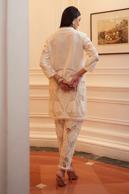 Shop_Qala Clothing_White Cotton Embroidery V-neck Zahara Rosa Crochet Kurta And Pant Set _at_Aza_Fashions