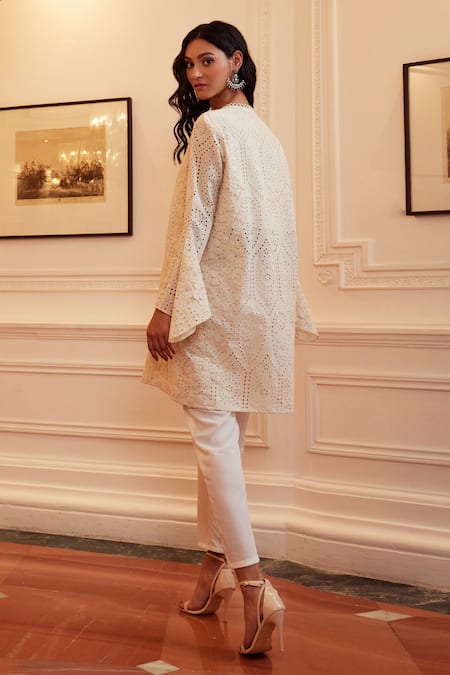 Shop Qala Clothing White Cotton Cut Work V-neck Kiara Rosa Schiffli Kurta And Pant Set at Aza Fashions Shop_Qala Clothing_White Cotton Cut Work V-neck Kiara Rosa Schiffli Kurta And Pant Set _at_Aza_Fashions