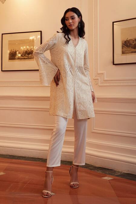 Buy Qala Clothing White Cotton Cut Work V-neck Kiara Rosa Schiffli Kurta And Pant Set Online at Aza Fashions Buy_Qala Clothing_White Cotton Cut Work V-neck Kiara Rosa Schiffli Kurta And Pant Set _Online_at_Aza_Fashions