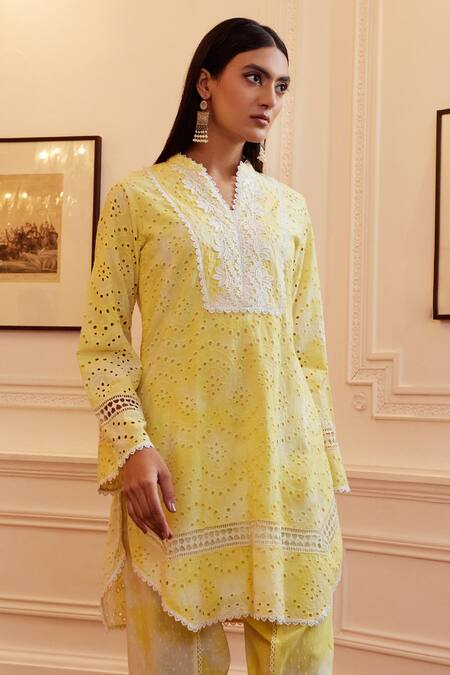 Qala Clothing_Yellow Cotton Lace Mandarin Collar Sunaina Rosa Tie Dye Kurta And Dhoti Pant Set _Online_at_Aza_Fashions