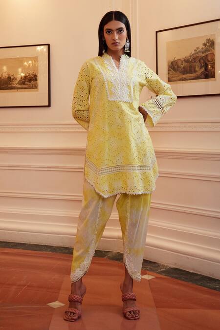 Buy_Qala Clothing_Yellow Cotton Lace Mandarin Collar Sunaina Rosa Tie Dye Kurta And Dhoti Pant Set _Online_at_Aza_Fashions