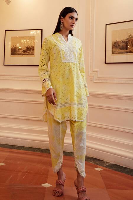 Shop_Qala Clothing_Yellow Cotton Lace Mandarin Collar Sunaina Rosa Tie Dye Kurta And Dhoti Pant Set _Online_at_Aza_Fashions