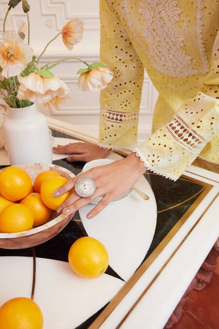 Qala Clothing_Yellow Cotton Lace Mandarin Collar Sunaina Rosa Tie Dye Kurta And Dhoti Pant Set _at_Aza_Fashions