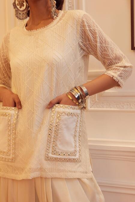 Qala Clothing_White Cotton, Chanderi Embroidery Round Neck Heer Rosa Kurta And Dhoti Pant Set _Online_at_Aza_Fashions