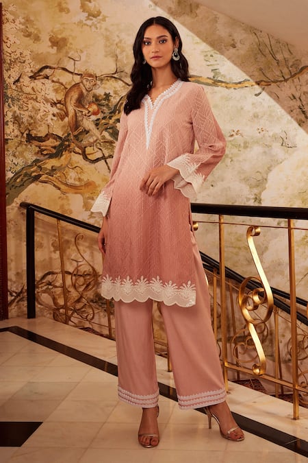QALA CLOTHING Raaha Rosa Embroidered Short Kurta & Palazzo Set 