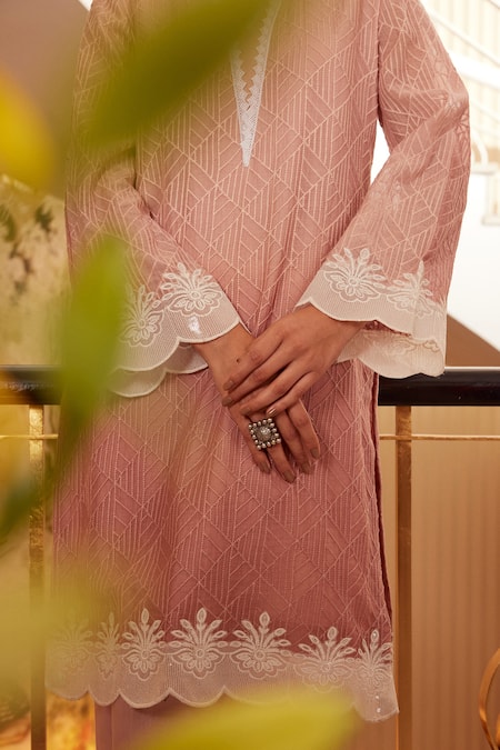 Qala Clothing_Pink Cotton, Chanderi Round Raaha Rosa Embroidered Short Kurta And Palazzo Set _Online_at_Aza_Fashions
