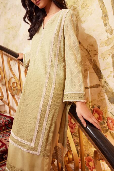 Buy_Qala Clothing_Green Cotton, Chanderi Lace V-neck Rooh Rosa Embroidered Kurta And Palazzo Set _Online_at_Aza_Fashions