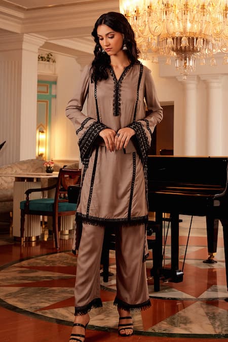 QALA CLOTHING Alaya Rosa Lace Embellished Kurta & Palazzo Set 