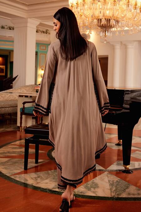 Shop Qala Clothing Beige Cotton Lace Open Neck Tasha Rosa Embellished Jacket Pant Set at Aza Fashions Shop_Qala Clothing_Beige Cotton Lace Open Neck Tasha Rosa Embellished Jacket Pant Set_at_Aza_Fashions