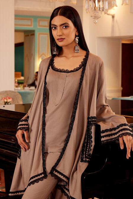 Qala Clothing Beige Cotton Lace Open Neck Tasha Rosa Embellished Jacket Pant Set Online at Aza Fashions Qala Clothing_Beige Cotton Lace Open Neck Tasha Rosa Embellished Jacket Pant Set_Online_at_Aza_Fashions