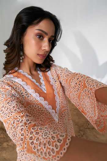 Qala Clothing_Orange Cotton Embroidery Scoop Neck Seraphina Crochet Lace Top With Pant_Online_at_Aza_Fashions