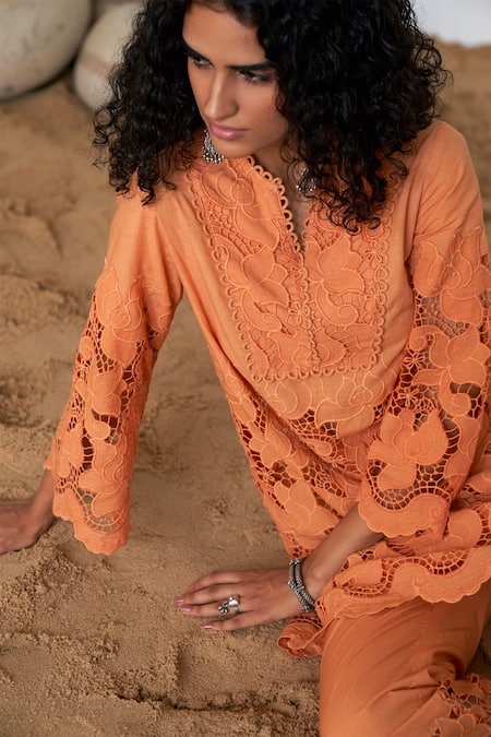 Qala Clothing Orange Cotton Embroidery V-neck Freya Schiffli Bloom Top With Pant Online at Aza Fashions Qala Clothing_Orange Cotton Embroidery V-neck Freya Schiffli Bloom Top With Pant _Online_at_Aza_Fashions