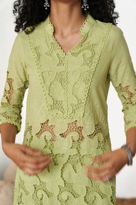 Qala Clothing_Green Cotton Embroidery Mandarin Collar Isla Schiffli Blossom Top With Pant _Online_at_Aza_Fashions