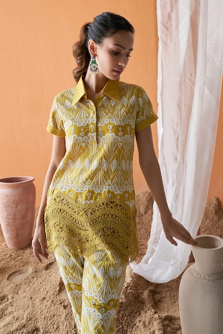 Qala Clothing Yellow Cotton Lace Collared Inaya Bloom Garden Top With Pant Online at Aza Fashions Qala Clothing_Yellow Cotton Lace Collared Inaya Bloom Garden Top With Pant _Online_at_Aza_Fashions