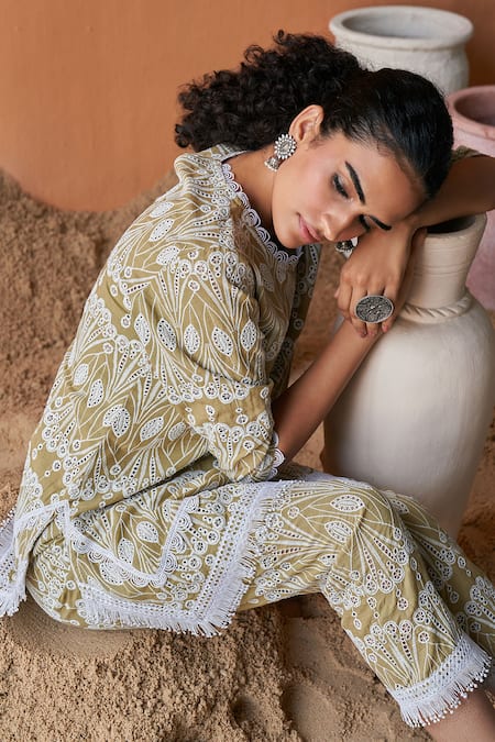 Qala Clothing_Green Cotton Tassels, Embroidery Round Neck Flora Schiffli Top And Pant Set _Online_at_Aza_Fashions