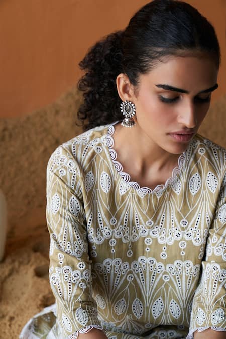 Buy_Qala Clothing_Green Cotton Tassels, Embroidery Round Neck Flora Schiffli Top And Pant Set _Online_at_Aza_Fashions