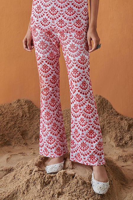 Qala Clothing_Red Cotton Lace, Embroidery Keyhole Neck Rimzim Schiffli Swirl Top With Pant _Online_at_Aza_Fashions