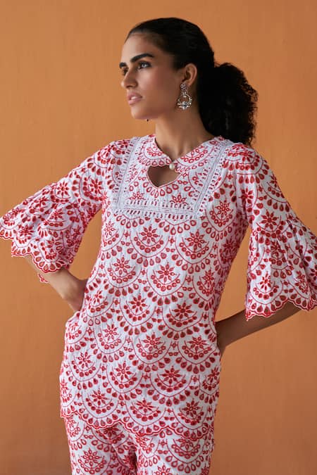 Shop_Qala Clothing_Red Cotton Lace, Embroidery Keyhole Neck Rimzim Schiffli Swirl Top With Pant _Online_at_Aza_Fashions