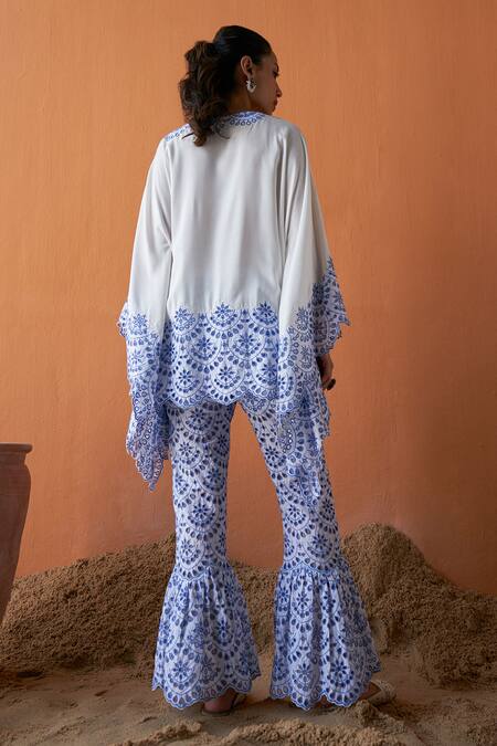 Shop Qala Clothing Ivory , Satin Embroidery Boat Neck Daina Schiffli Top With Pant at Aza Fashions Shop_Qala Clothing_Ivory , Satin Embroidery Boat Neck Daina Schiffli Top With Pant _at_Aza_Fashions