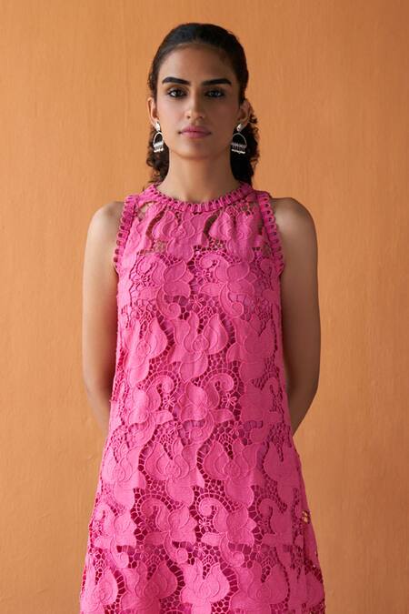 Qala Clothing Pink Cotton Embroidery Round Neck Serena Lotus Schiffli Dress Online at Aza Fashions Qala Clothing_Pink Cotton Embroidery Round Neck Serena Lotus Schiffli Dress _Online_at_Aza_Fashions