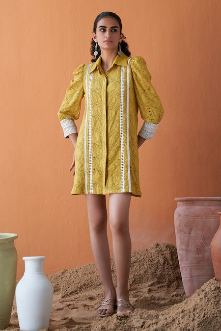 QALA CLOTHING Yellow 100% Cotton Collar Ayla Flora Dress 