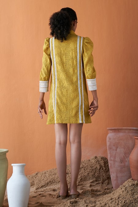 Shop_Qala Clothing_Yellow Cotton Embroidery Collared Ayla Schiffli Flora Dress _at_Aza_Fashions