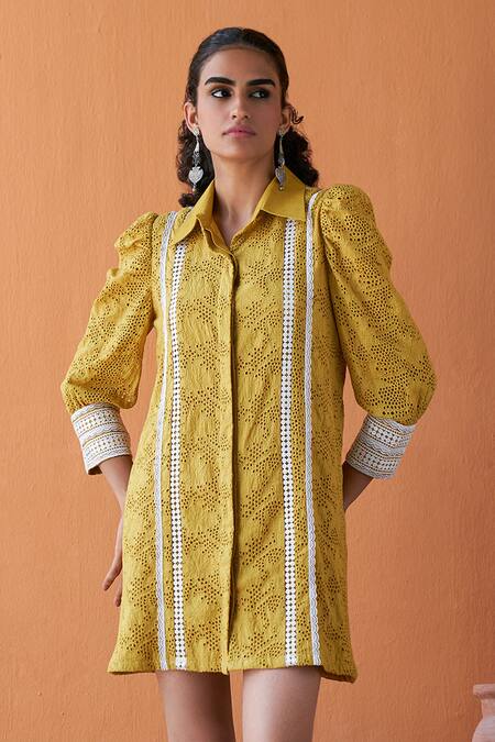 Qala Clothing_Yellow Cotton Embroidery Collared Ayla Schiffli Flora Dress _Online_at_Aza_Fashions
