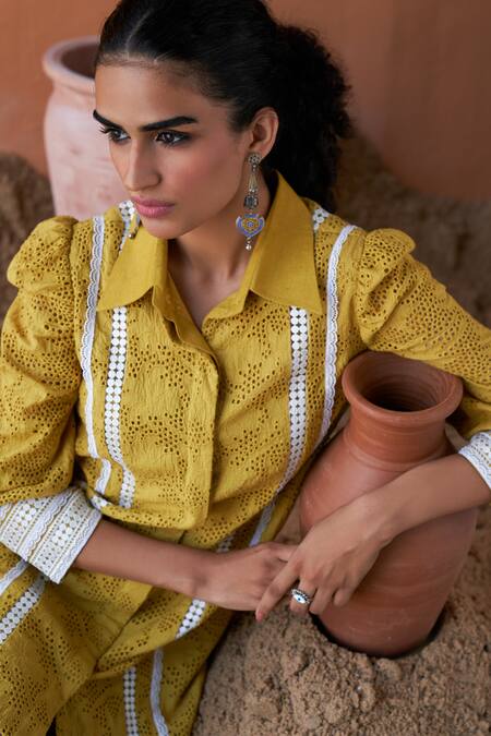 Shop_Qala Clothing_Yellow Cotton Embroidery Collared Ayla Schiffli Flora Dress _Online_at_Aza_Fashions