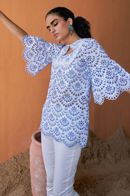 Buy Qala Clothing Ivory Cotton Embroidery, Lace Boat Neck Kimaya Schiffli Top With Pant Online at Aza Fashions Buy_Qala Clothing_Ivory Cotton Embroidery, Lace Boat Neck Kimaya Schiffli Top With Pant _Online_at_Aza_Fashions