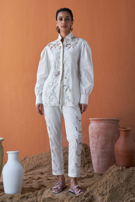 QALA CLOTHING Diana Schiffli Flora Shirt With Pant 