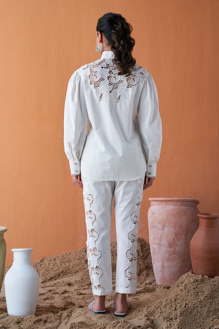 Shop Qala Clothing Ivory , Satin Embroidery Collared Schiffli Flora Shirt And Pant Set at Aza Fashions Shop_Qala Clothing_Ivory , Satin Embroidery Collared Schiffli Flora Shirt And Pant Set _at_Aza_Fashions