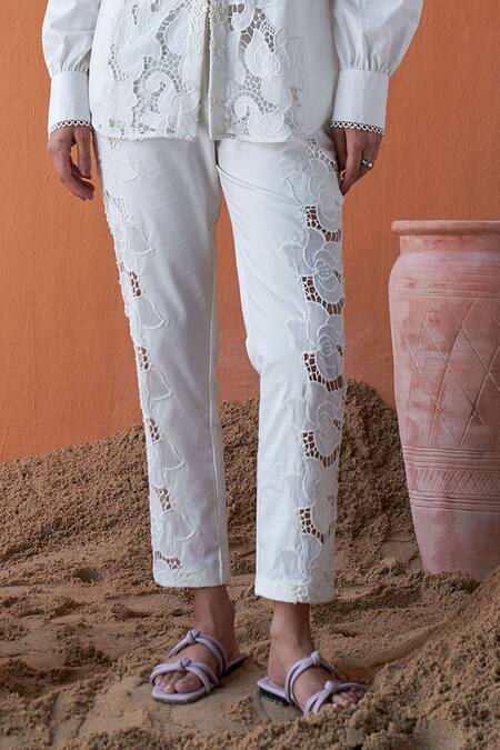 Qala Clothing Ivory , Satin Embroidery Collared Schiffli Flora Shirt And Pant Set Online at Aza Fashions Qala Clothing_Ivory , Satin Embroidery Collared Schiffli Flora Shirt And Pant Set _Online_at_Aza_Fashions